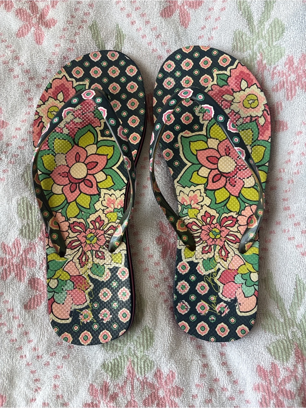 Vera Bradley Floral Print Flip Flops in Black, Pink, Green, Yellow